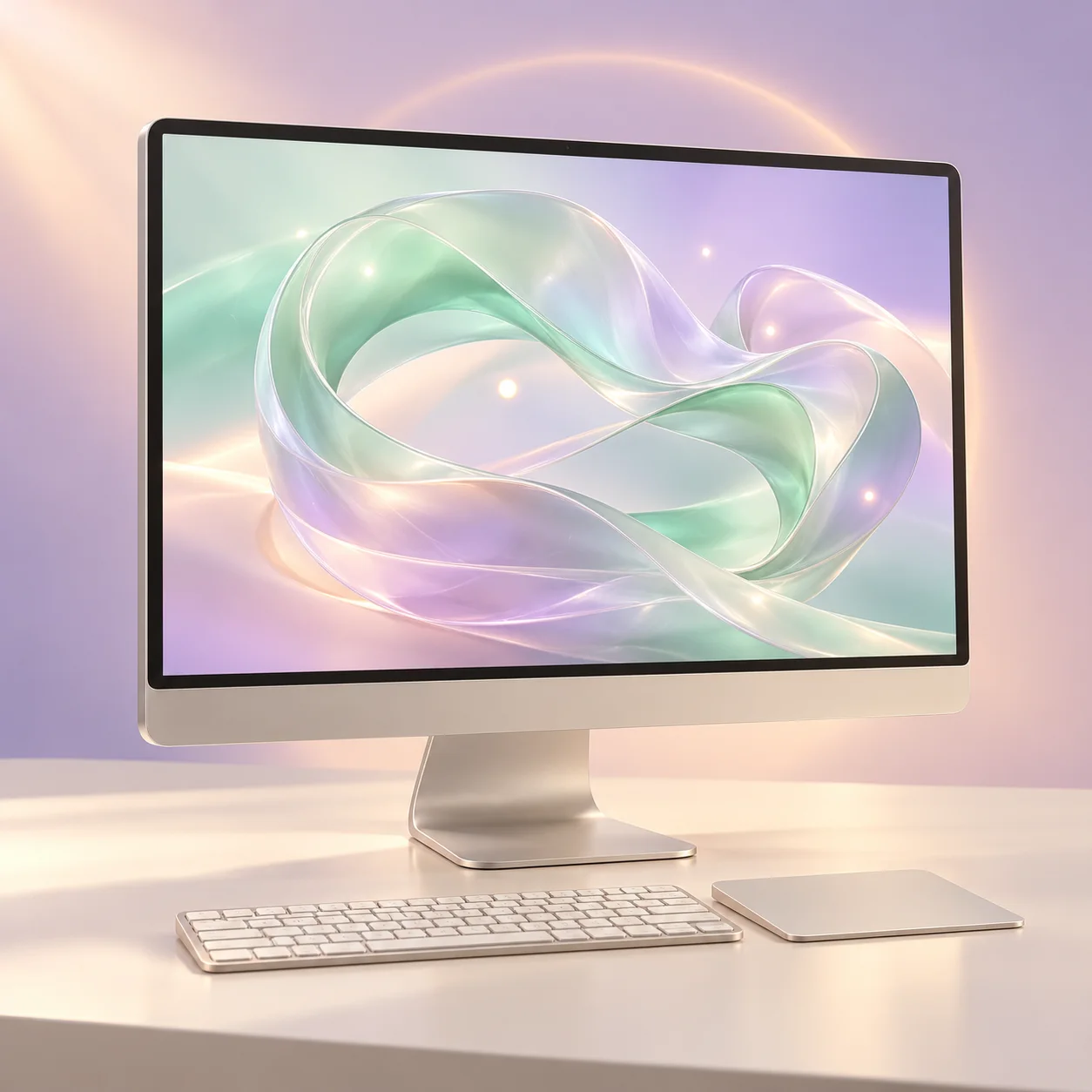 Modern pearl-coloured desktop computer displaying a luminous mint and lilac glass ribbon, with a matching keyboard and trackpad