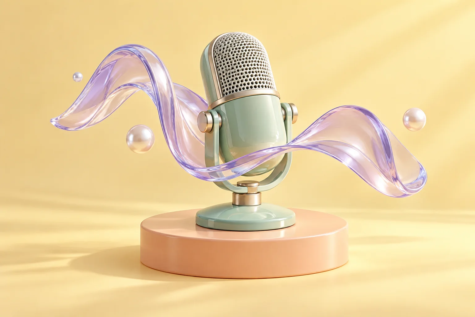 Pastel mint microphone with a flowing lavender glass sound wave